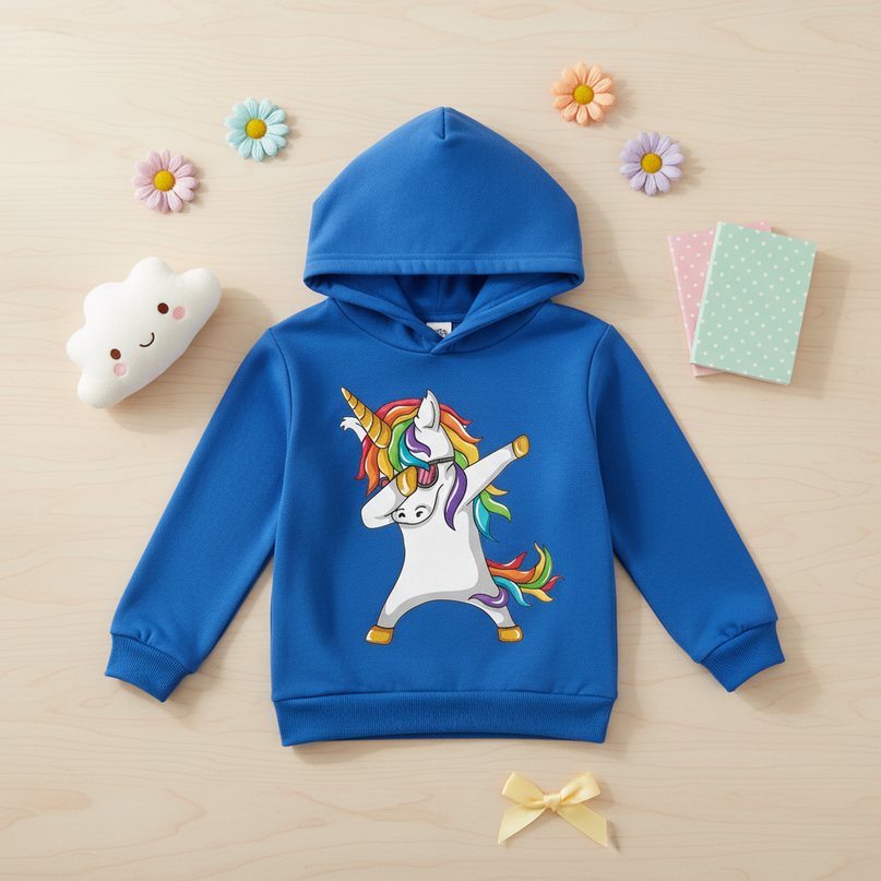 blue dabbing unicorn kids hoodie - flat-lay