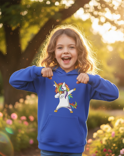 blue dabbing unicorn kids hoodie - in-use