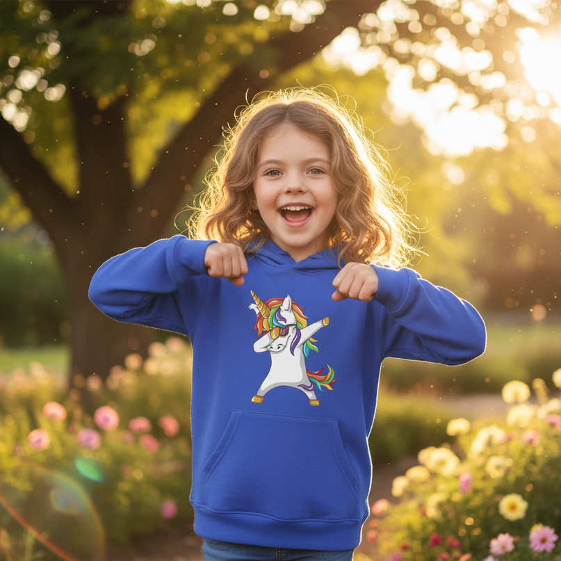 blue dabbing unicorn kids hoodie - in-use