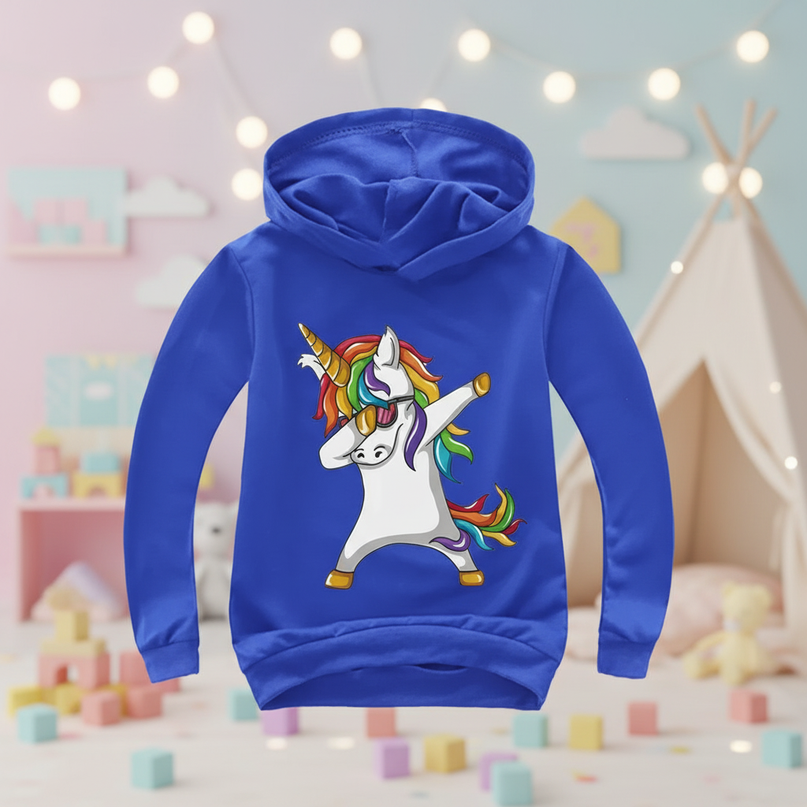 blue dabbing unicorn kids hoodie - lifestyle