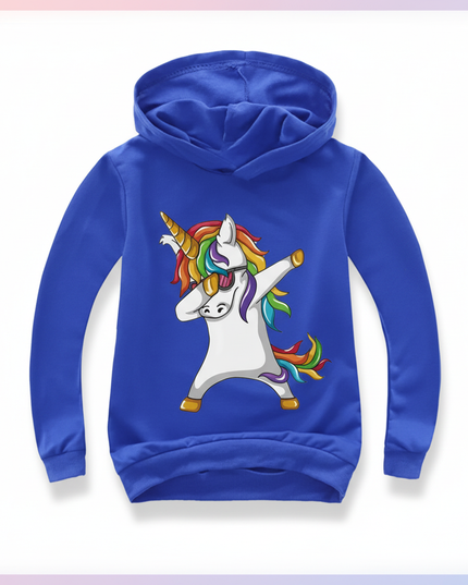 blue dabbing unicorn kids hoodie - white-bg