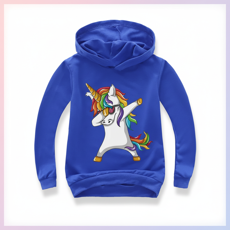 blue dabbing unicorn kids hoodie - white-bg