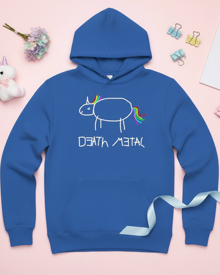 blue death metal unicorn hoodie - flat-lay