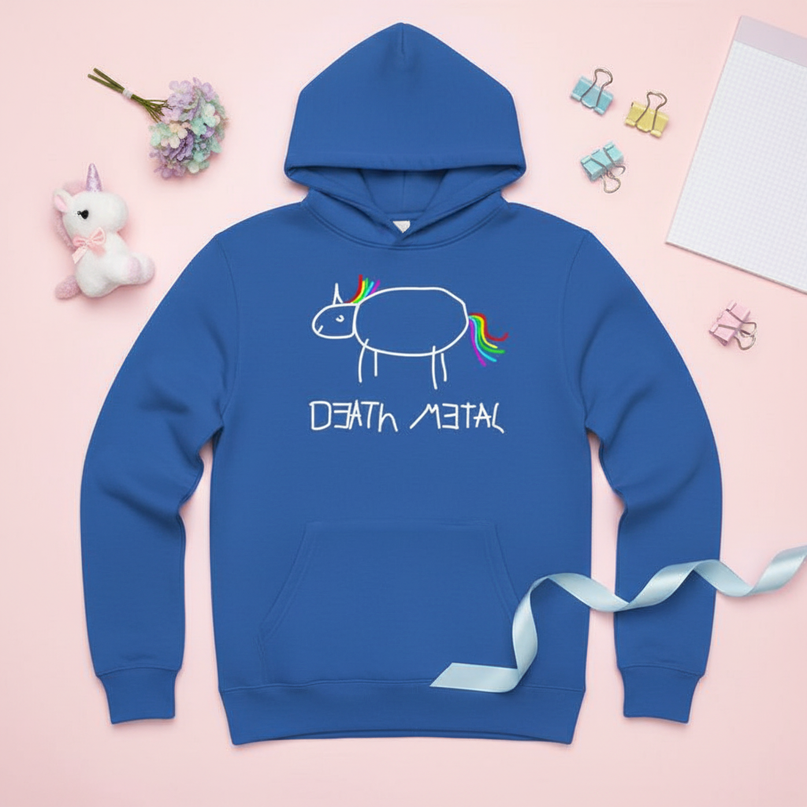 blue death metal unicorn hoodie - flat-lay