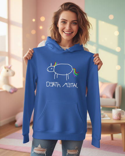 blue death metal unicorn hoodie - in-use