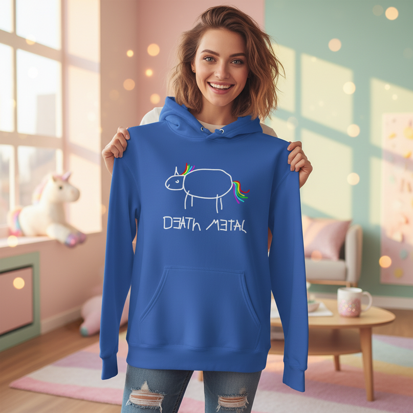 blue death metal unicorn hoodie - in-use