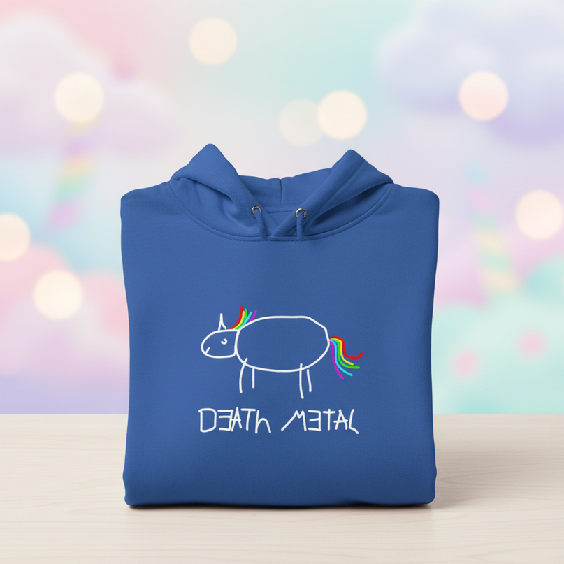 blue death metal unicorn hoodie - lifestyle