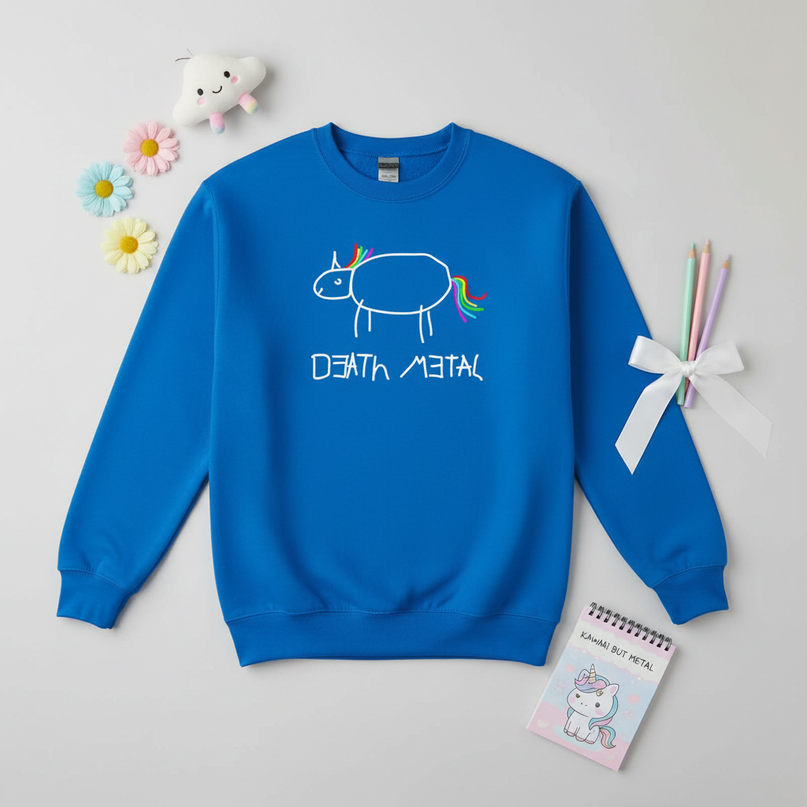 blue death metal unicorn sweater - flat-lay