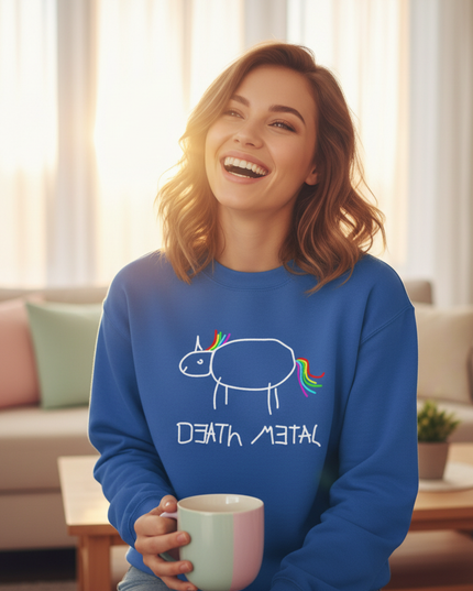 blue death metal unicorn sweater - in-use