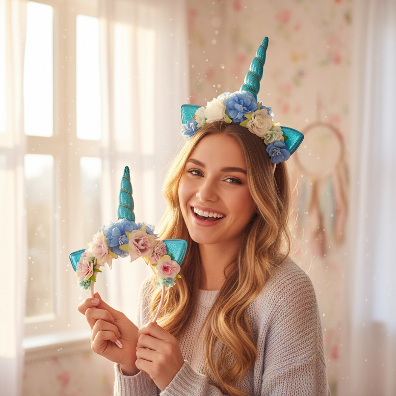 blue dreamy unicorn headband - in-use