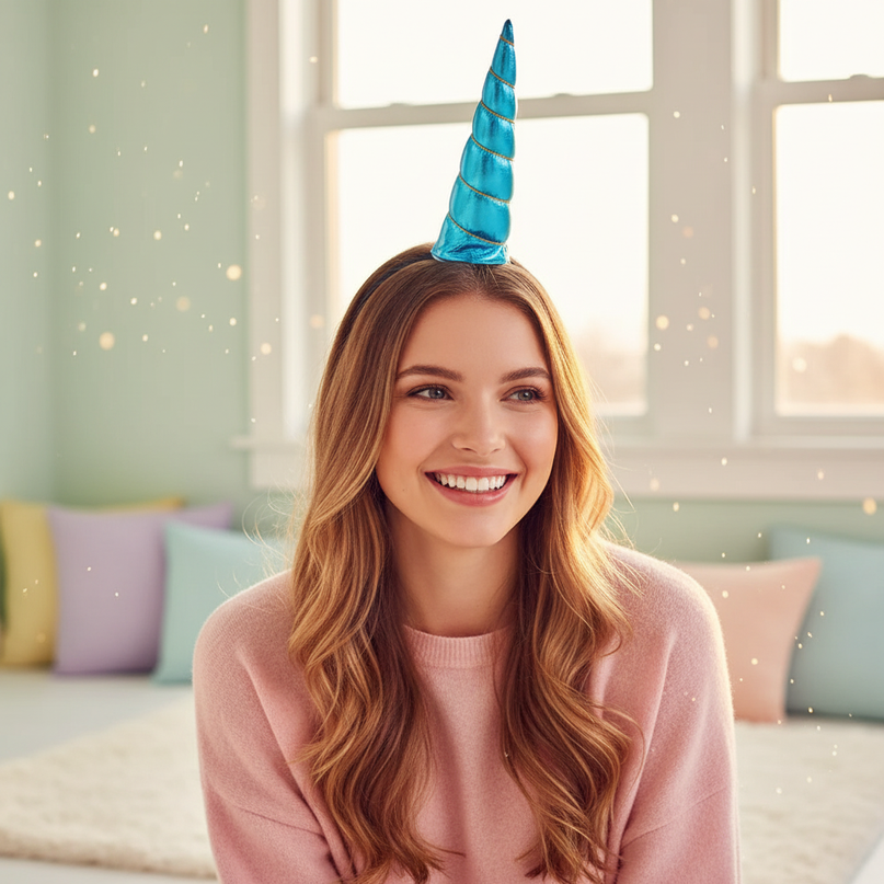 blue elastic unicorn horn - in-use