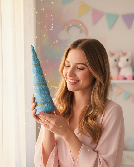 blue felt unicorn horn set - in-use
