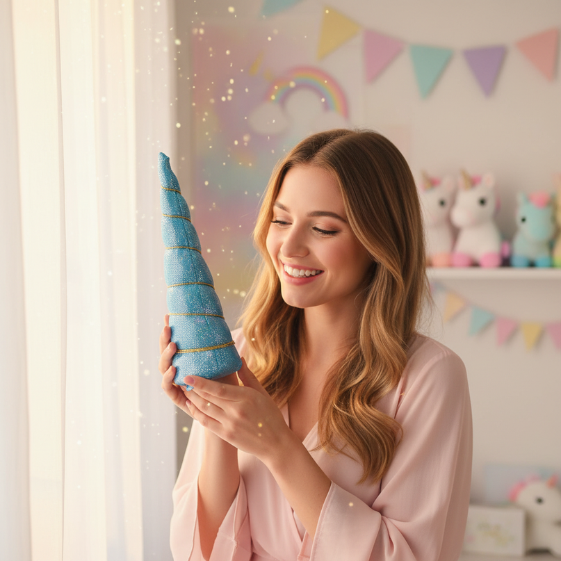 blue felt unicorn horn set - in-use
