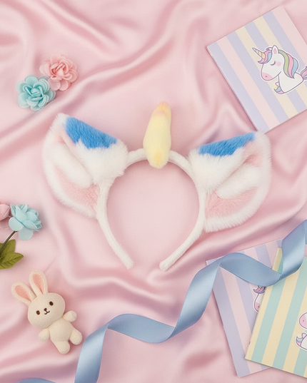 blue fluffy unicorn headband - flat-lay