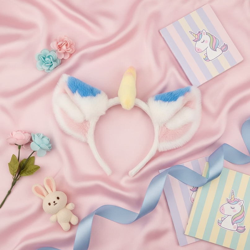 blue fluffy unicorn headband - flat-lay