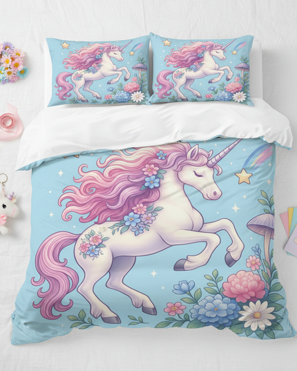 blue garden floral unicorn bedding - flat-lay