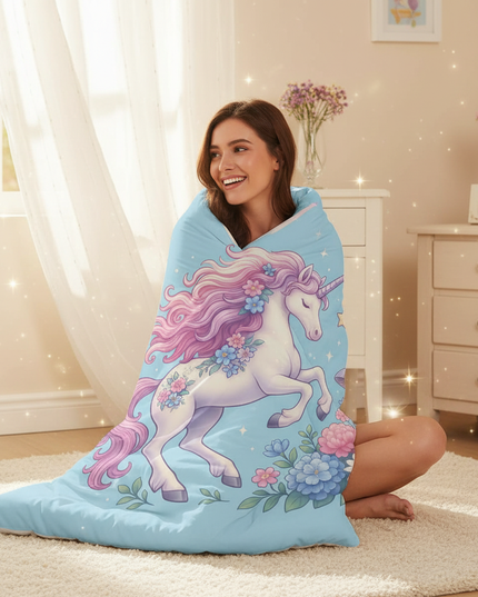blue garden floral unicorn bedding - in-use