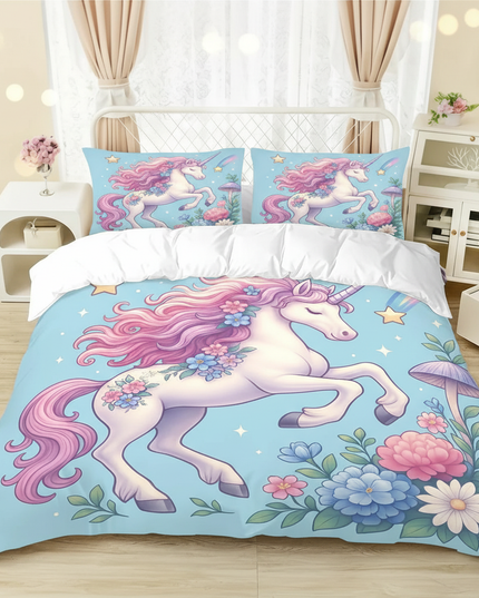 blue garden floral unicorn bedding - lifestyle