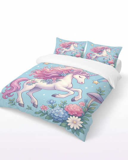 blue garden floral unicorn bedding - white-bg