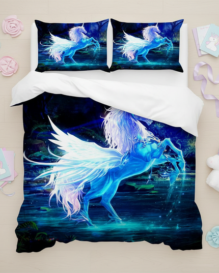 blue glow pegasus bedding - flat-lay