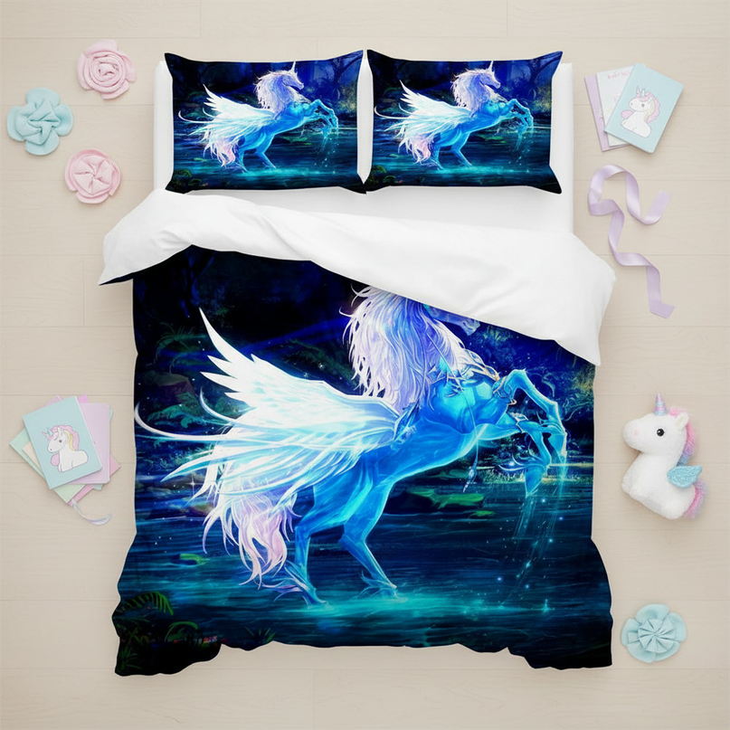 blue glow pegasus bedding - flat-lay