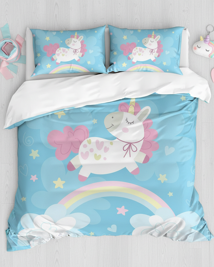 blue heart bow unicorn bedding - flat-lay