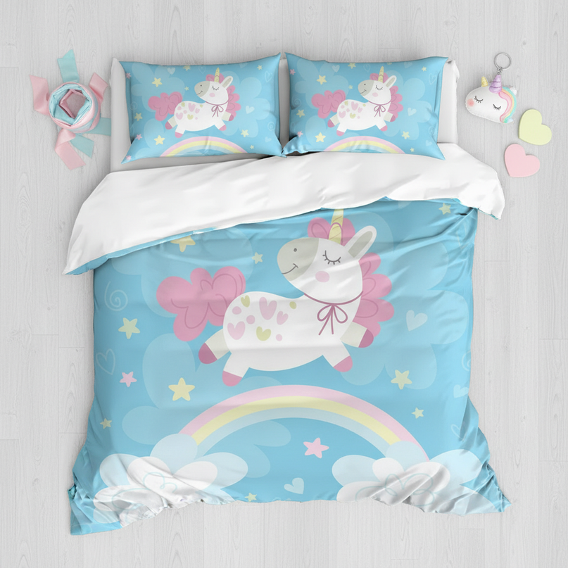 blue heart bow unicorn bedding - flat-lay