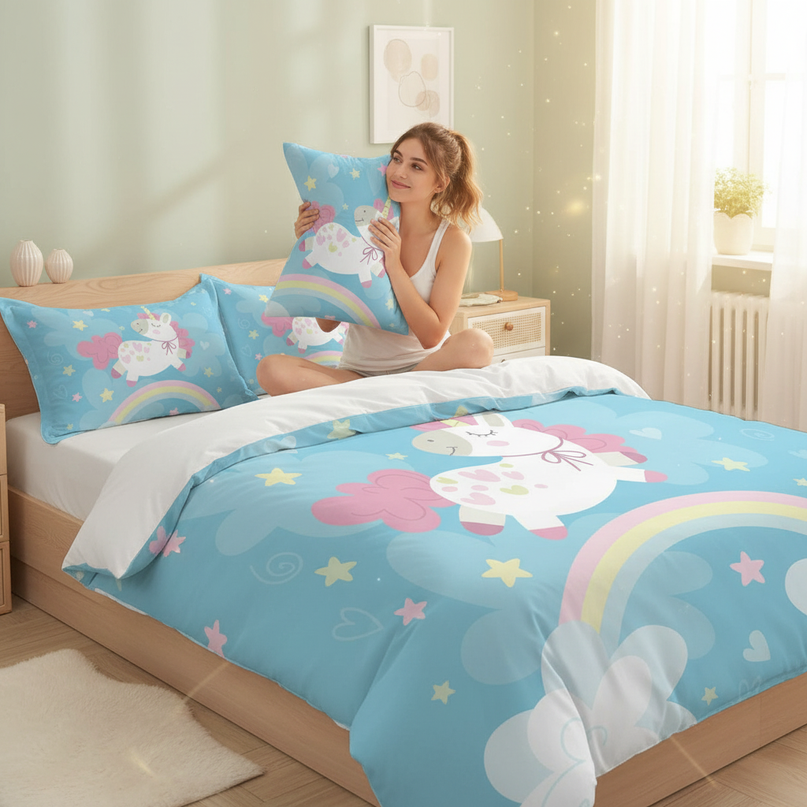 blue heart bow unicorn bedding - in-use