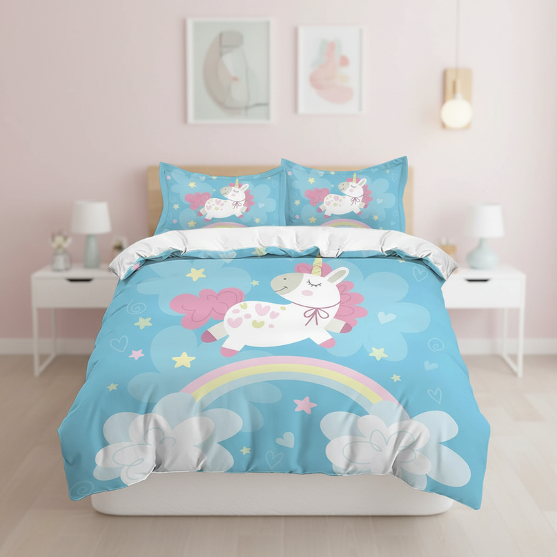 blue heart bow unicorn bedding - lifestyle
