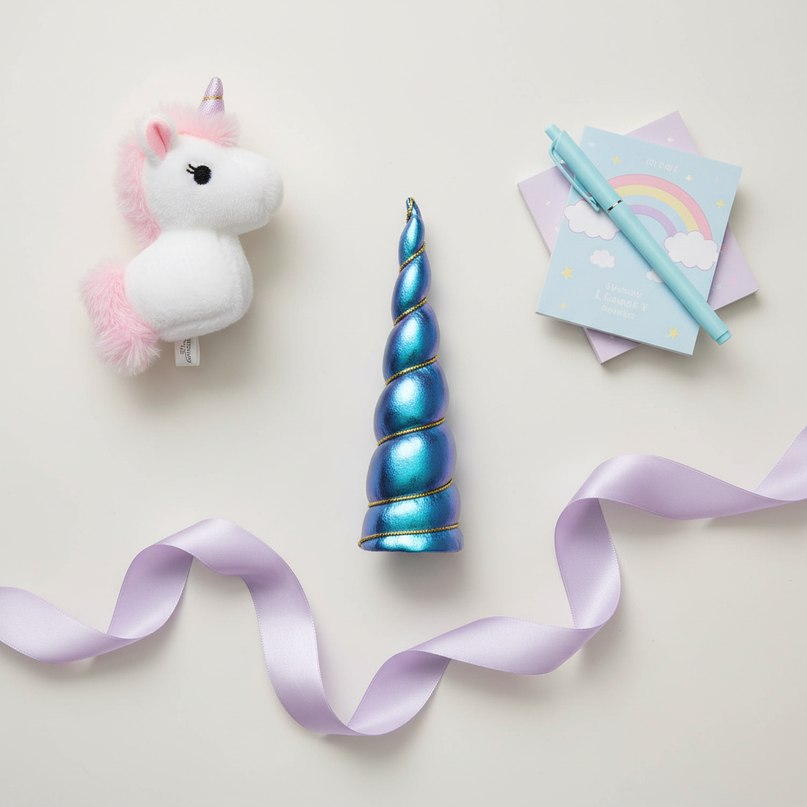 blue iridescent unicorn horn - flat-lay