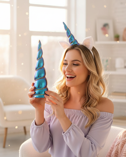 blue iridescent unicorn horn - in-use