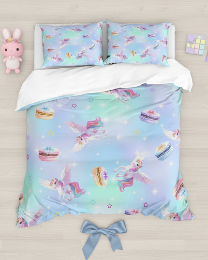 blue macaron pegasus unicorn bedding - flat-lay