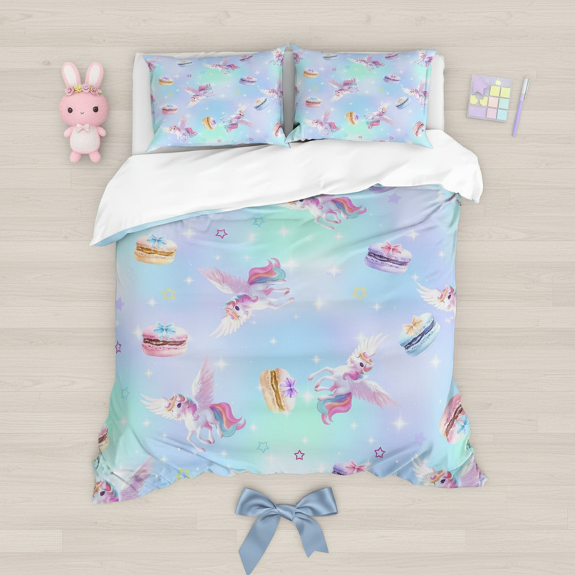 blue macaron pegasus unicorn bedding - flat-lay