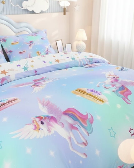 blue macaron pegasus unicorn bedding - lifestyle