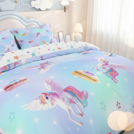 blue macaron pegasus unicorn bedding - lifestyle