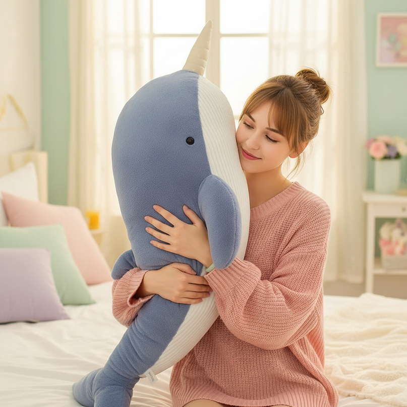blue narwhal plush - in-use