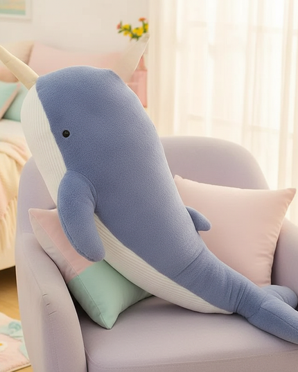 blue narwhal plush - lifestyle