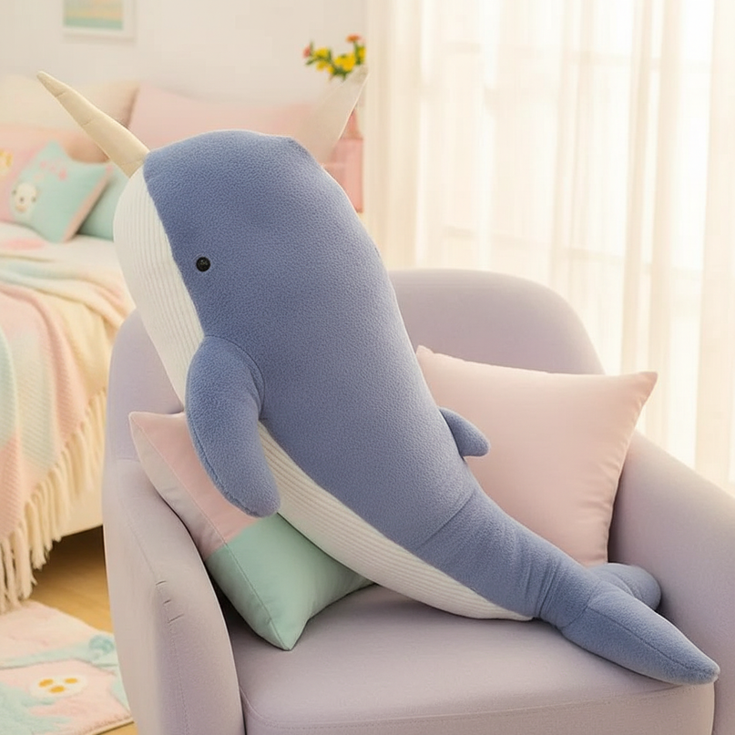blue narwhal plush - lifestyle