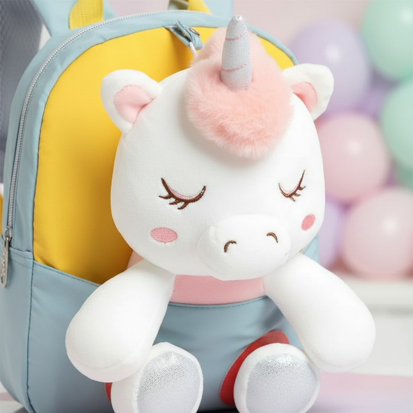 blue plush unicorn toddler backpack - detail