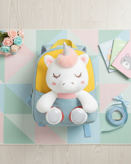 blue plush unicorn toddler backpack - flat-lay