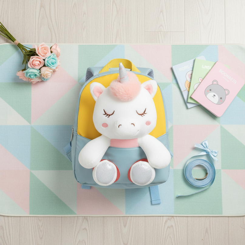 blue plush unicorn toddler backpack - flat-lay