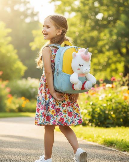 blue plush unicorn toddler backpack - in-use