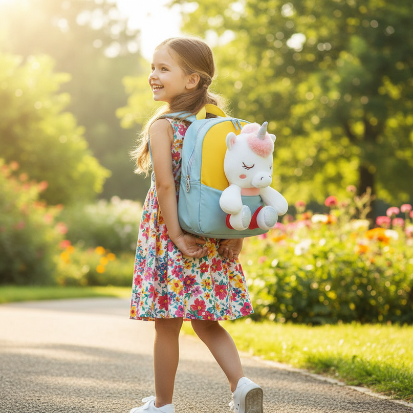 blue plush unicorn toddler backpack - in-use