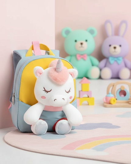 blue plush unicorn toddler backpack - lifestyle