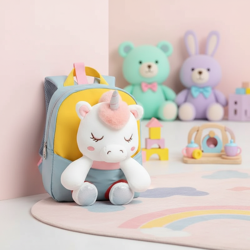 blue plush unicorn toddler backpack - lifestyle