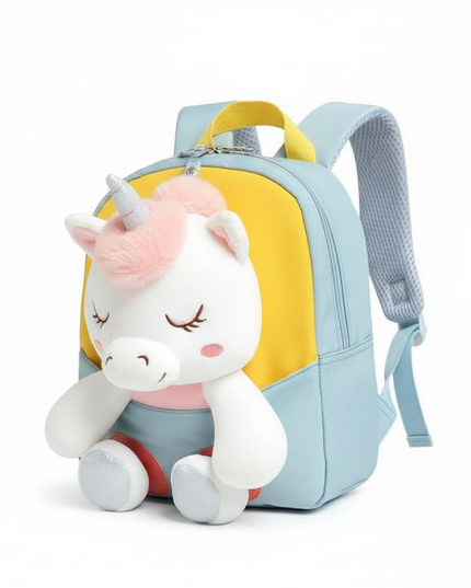 blue plush unicorn toddler backpack - white-bg