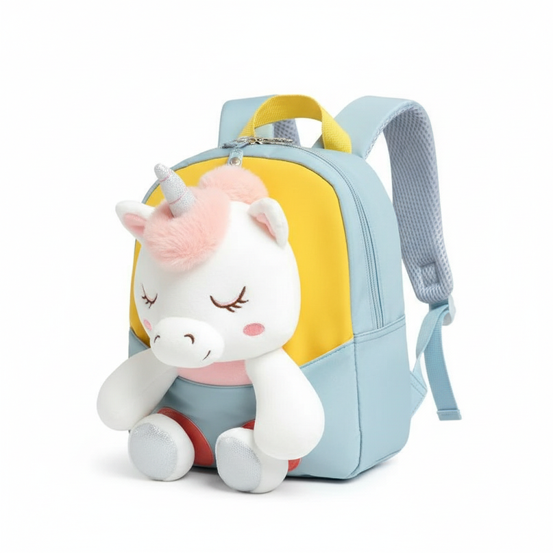 blue plush unicorn toddler backpack - white-bg