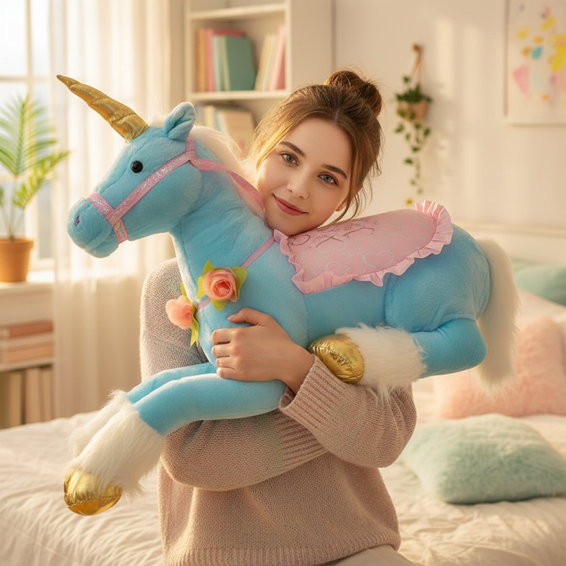 blue princess unicorn plush doll - in-use
