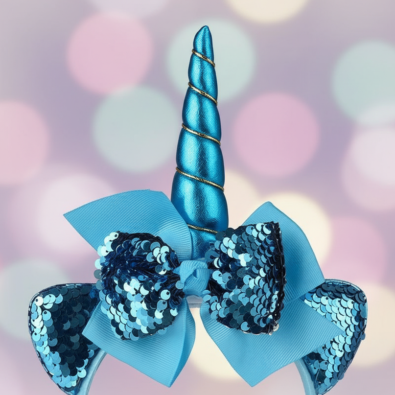 blue sequin unicorn headband - detail