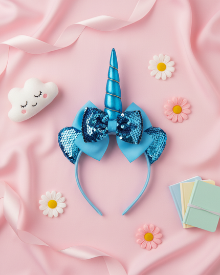 blue sequin unicorn headband - flat-lay